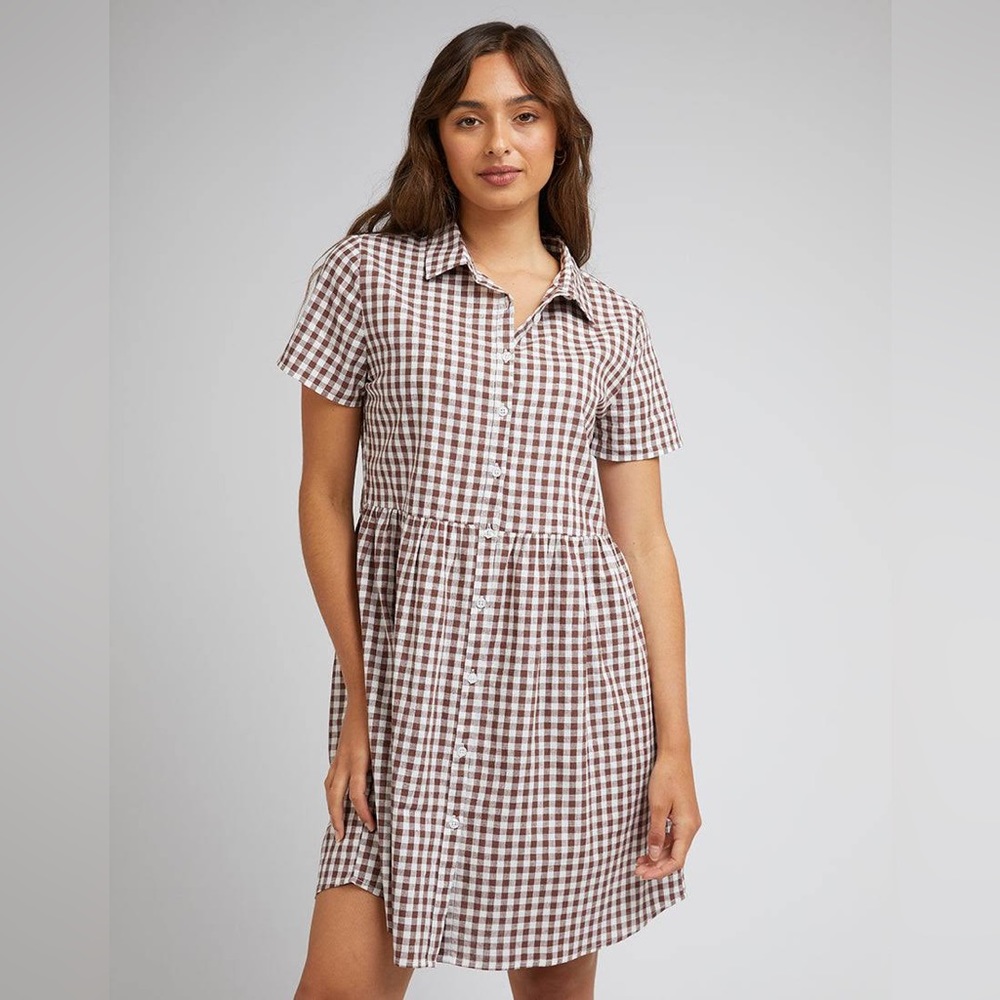 Medium Maroon Gingham Drop Waist Collared Shirt D… - image 2